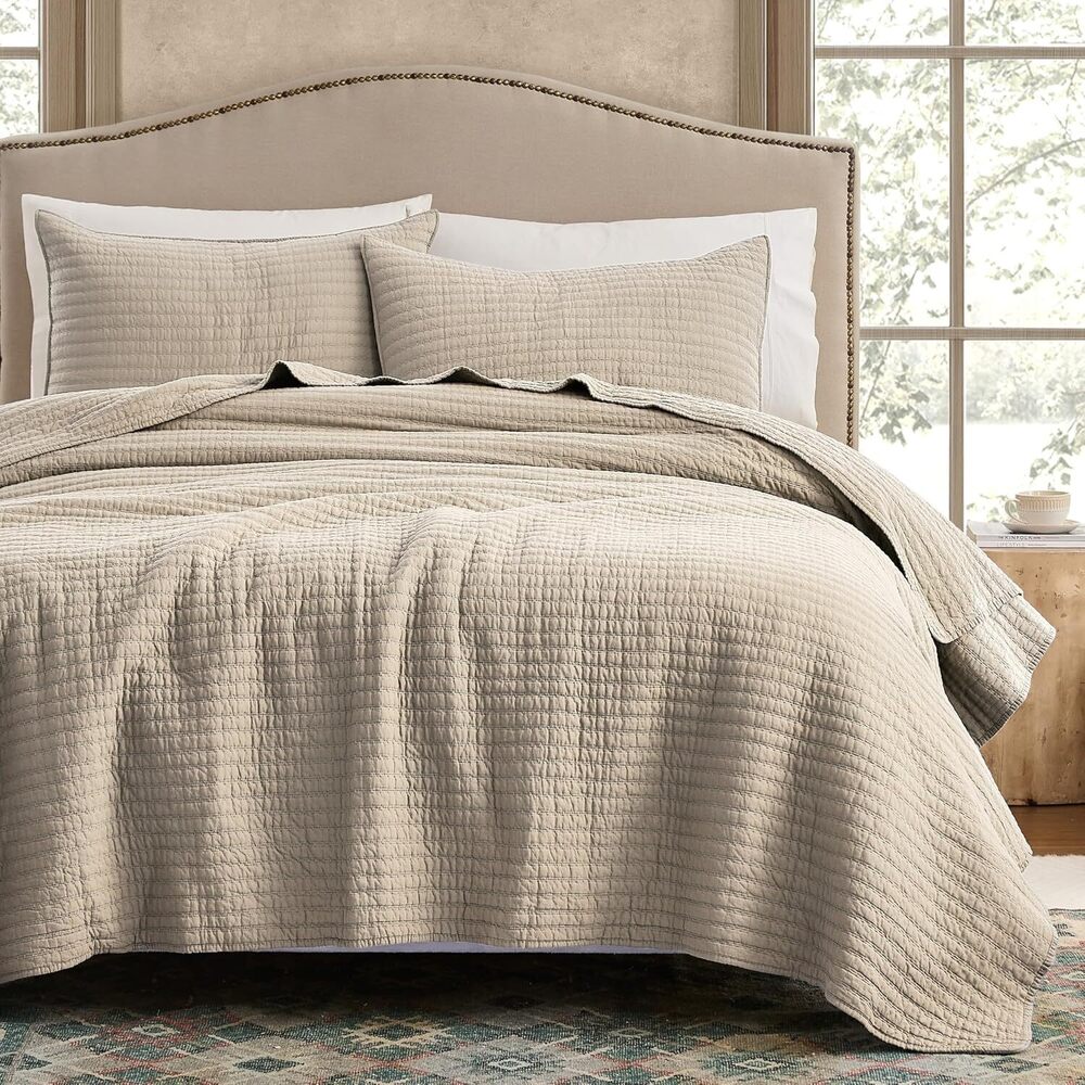 100% Cotton King Size Quilt Set - Beige Neutral Striped Pick Stitch Soft